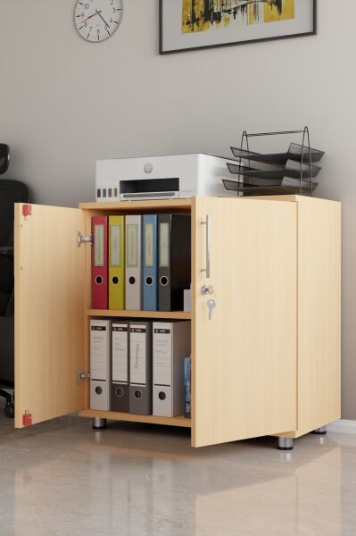 Açık Meşe Renk Kilitli Evrak ve Klasör Dolabı | 2 Kapaklı Raflı Ofis Saklama Dolabı | Ofis Mobilyası