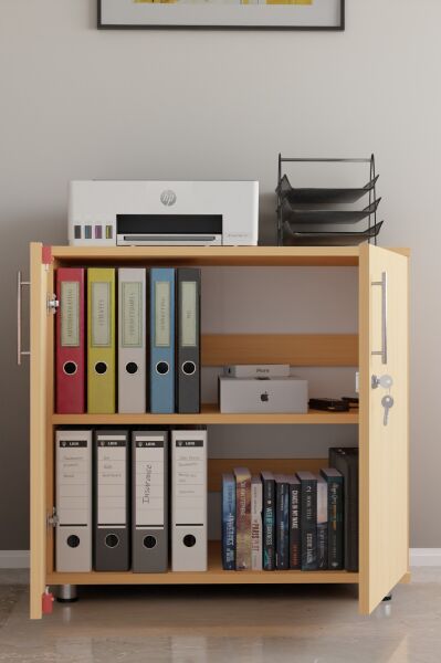 Açık Meşe Renk Kilitli Evrak ve Klasör Dolabı | 2 Kapaklı Raflı Ofis Saklama Dolabı | Ofis Mobilyası