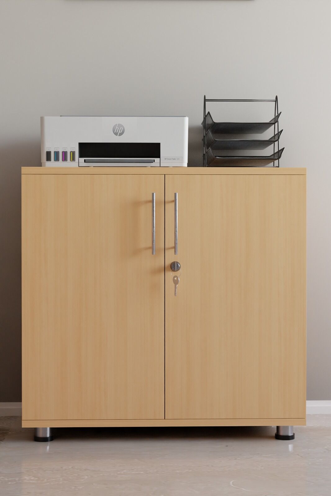 Açık Meşe Renk Kilitli Evrak ve Klasör Dolabı | 2 Kapaklı Raflı Ofis Saklama Dolabı | Ofis Mobilyası