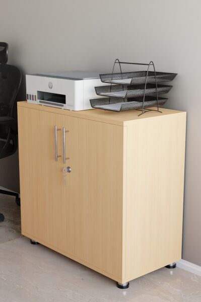 Açık Meşe Renk Kilitli Evrak ve Klasör Dolabı | 2 Kapaklı Raflı Ofis Saklama Dolabı | Ofis Mobilyası