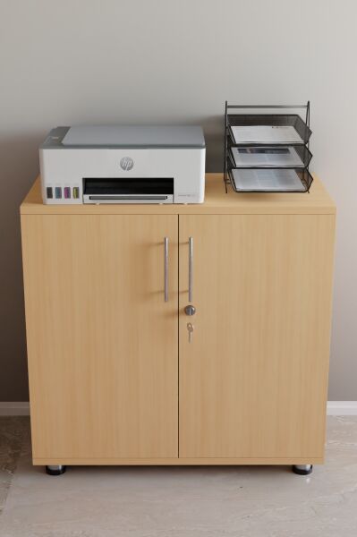 Açık Meşe Renk Kilitli Evrak ve Klasör Dolabı | 2 Kapaklı Raflı Ofis Saklama Dolabı | Ofis Mobilyası