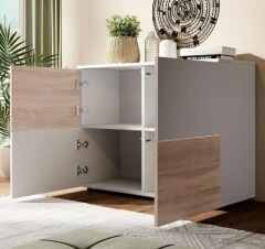 Mat Beyaz ve Sonoma Renkli Kapaklı Çok Amaçlı Dolap | Modern Raflı Konsol| Geniş Depolama Alanı Sunan Şık Ofis ve Ev Dolabı