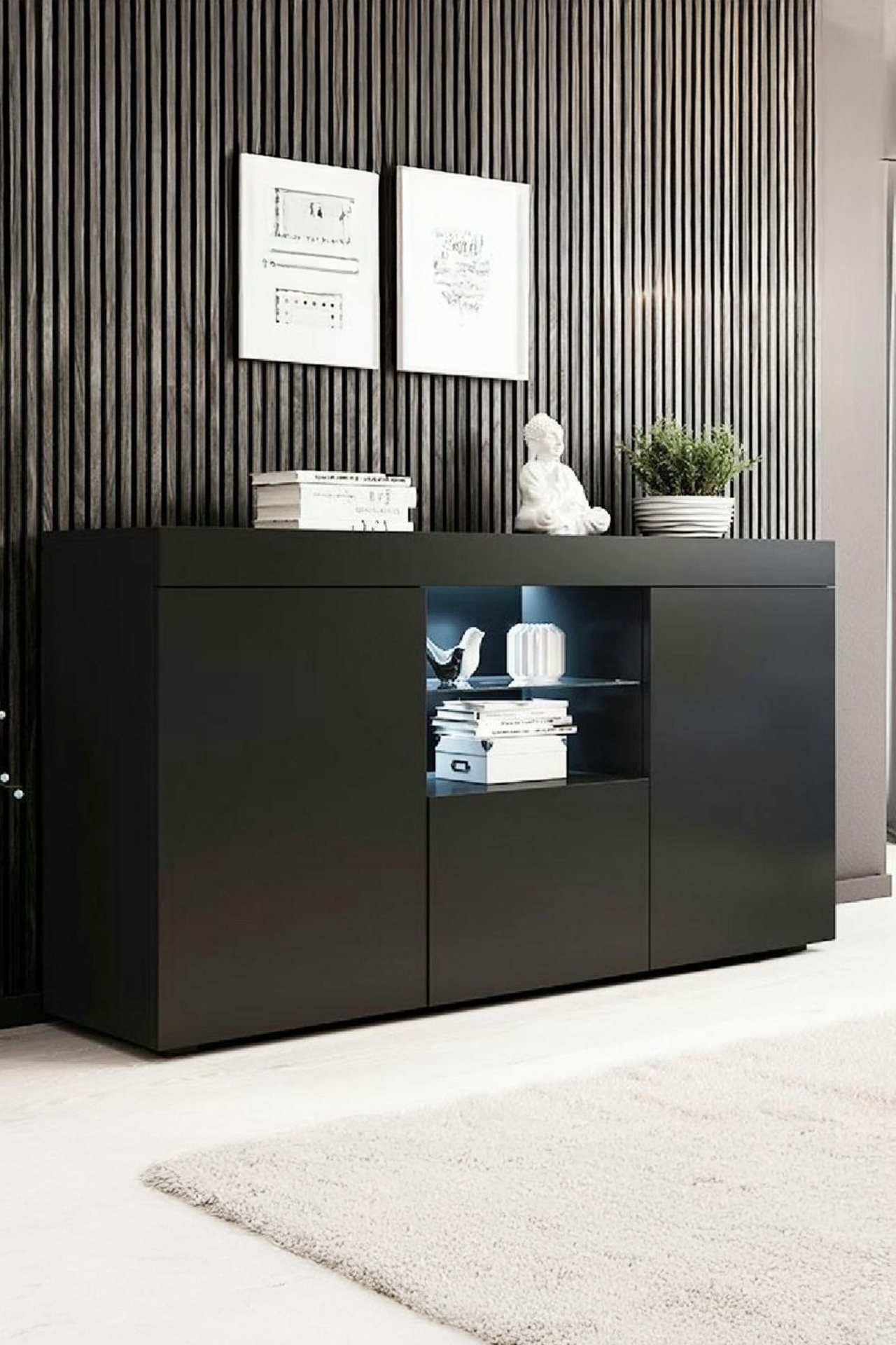 LED Aydınlatmalı Mat Siyah Konsol Dolap | Modern Kapaklı Geniş Saklama Alanı | Salon, Yemek Odası, TV Altı Konsol Modelleri