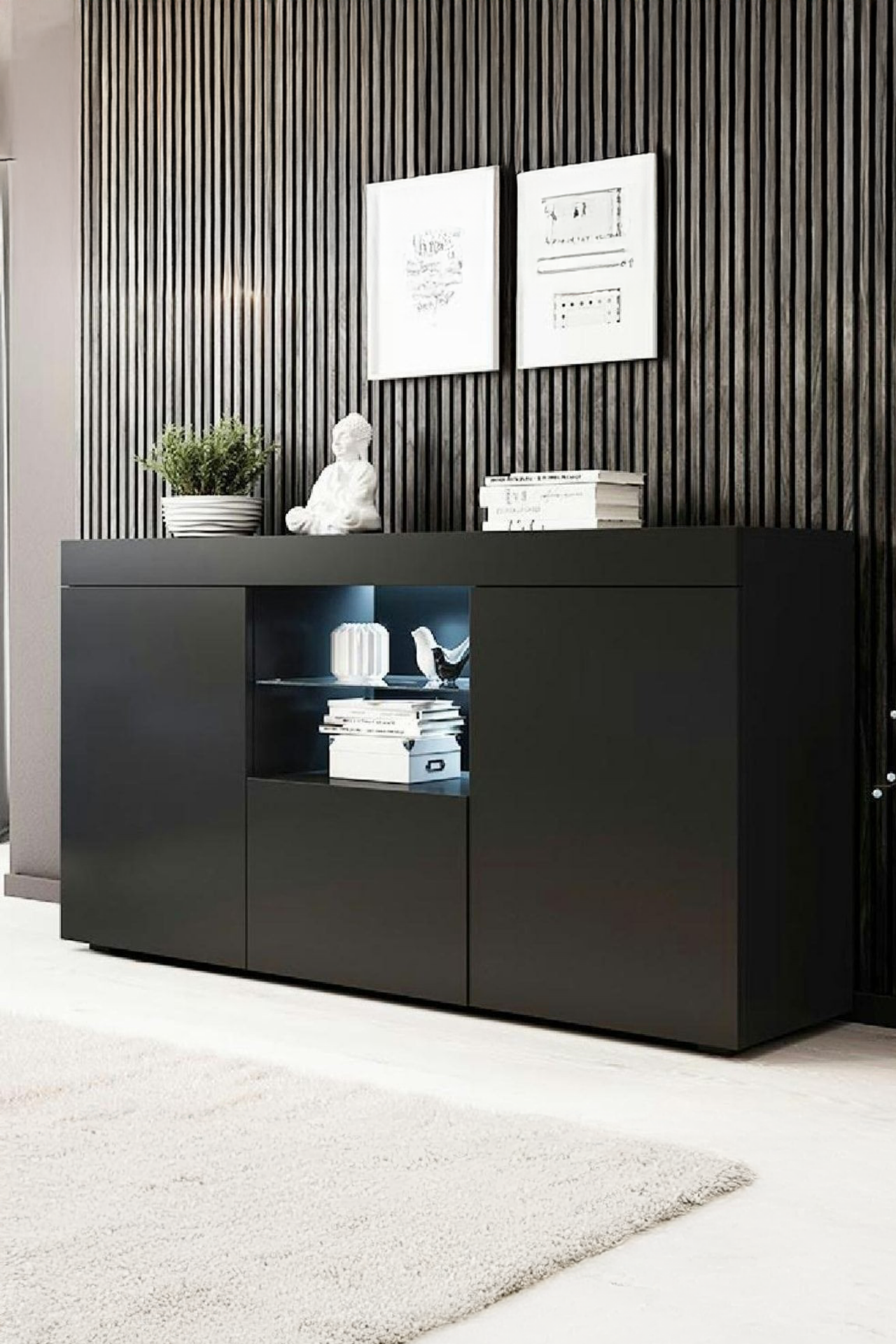 LED Aydınlatmalı Mat Siyah Konsol Dolap | Modern Kapaklı Geniş Saklama Alanı | Salon, Yemek Odası, TV Altı Konsol Modelleri