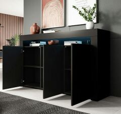 LED Aydınlatmalı Mat Siyah Konsol Büfe | Modern 3 Kapaklı Geniş Saklama Dolabı | Salon, Yemek Odası ve TV Ünitesi Altı İçin Şık Raflı Konsol Modeli