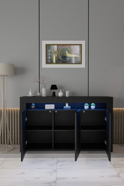 LED Aydınlatmalı Mat Siyah Konsol Büfe | Modern 3 Kapaklı Geniş Saklama Dolabı | Salon, Yemek Odası ve TV Ünitesi Altı İçin Şık Raflı Konsol Modeli