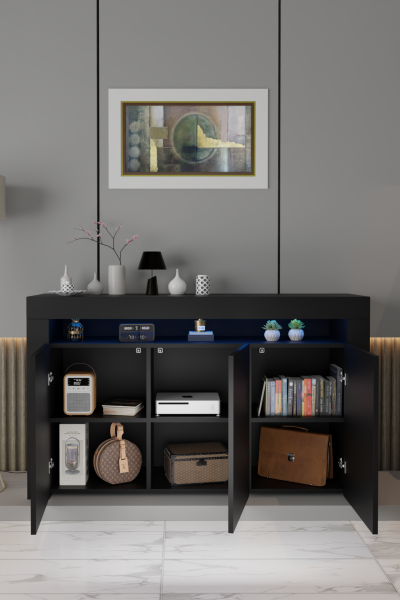 LED Aydınlatmalı Mat Siyah Konsol Büfe | Modern 3 Kapaklı Geniş Saklama Dolabı | Salon, Yemek Odası ve TV Ünitesi Altı İçin Şık Raflı Konsol Modeli