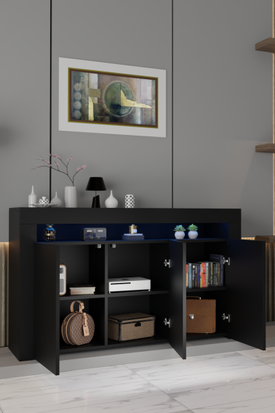 LED Aydınlatmalı Mat Siyah Konsol Büfe | Modern 3 Kapaklı Geniş Saklama Dolabı | Salon, Yemek Odası ve TV Ünitesi Altı İçin Şık Raflı Konsol Modeli