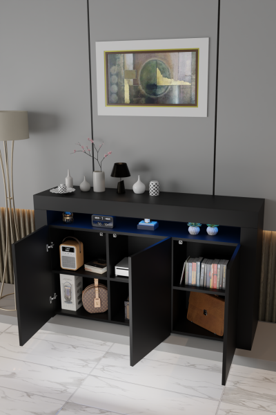 LED Aydınlatmalı Mat Siyah Konsol Büfe | Modern 3 Kapaklı Geniş Saklama Dolabı | Salon, Yemek Odası ve TV Ünitesi Altı İçin Şık Raflı Konsol Modeli