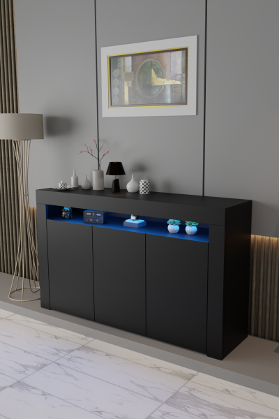 LED Aydınlatmalı Mat Siyah Konsol Büfe | Modern 3 Kapaklı Geniş Saklama Dolabı | Salon, Yemek Odası ve TV Ünitesi Altı İçin Şık Raflı Konsol Modeli