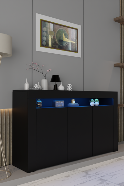 LED Aydınlatmalı Mat Siyah Konsol Büfe | Modern 3 Kapaklı Geniş Saklama Dolabı | Salon, Yemek Odası ve TV Ünitesi Altı İçin Şık Raflı Konsol Modeli