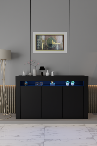 LED Aydınlatmalı Mat Siyah Konsol Büfe | Modern 3 Kapaklı Geniş Saklama Dolabı | Salon, Yemek Odası ve TV Ünitesi Altı İçin Şık Raflı Konsol Modeli