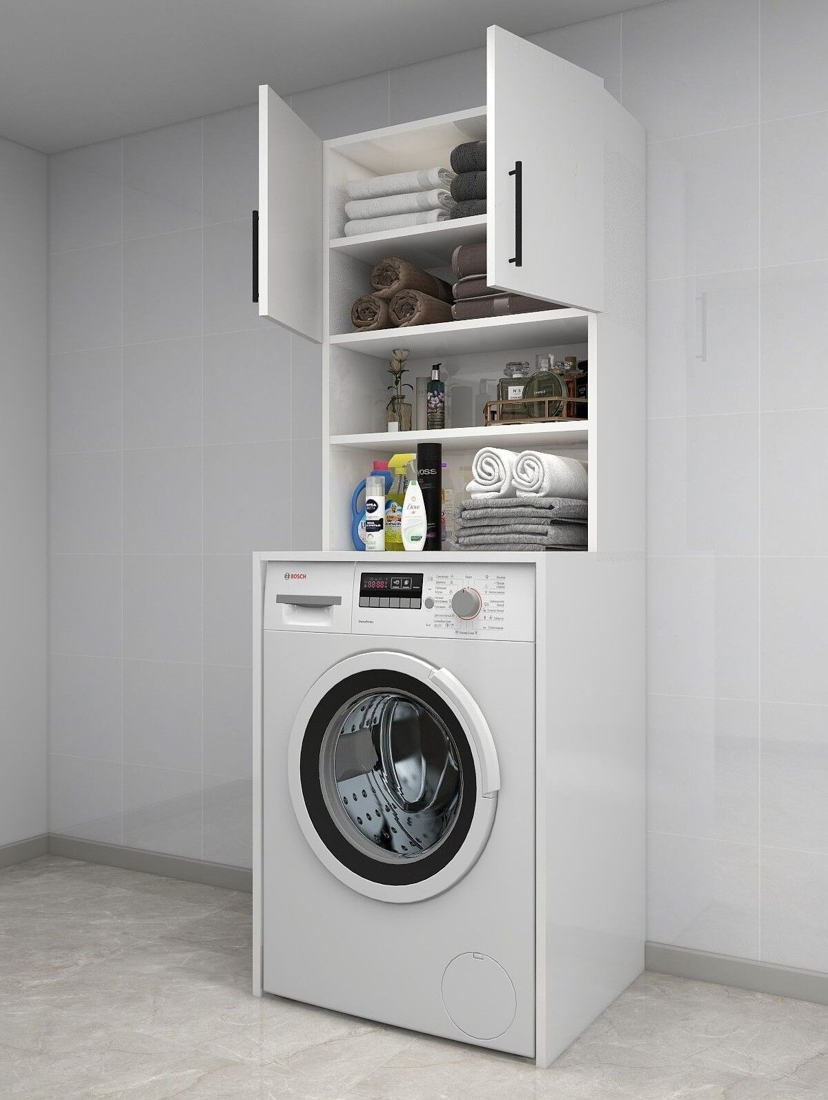 Çamaşır Makinesi Üstü Çok Amaçlı Banyo Dolabı | Raflı, Kapaklı, Pratik Depolama Ünitesi Beyaz