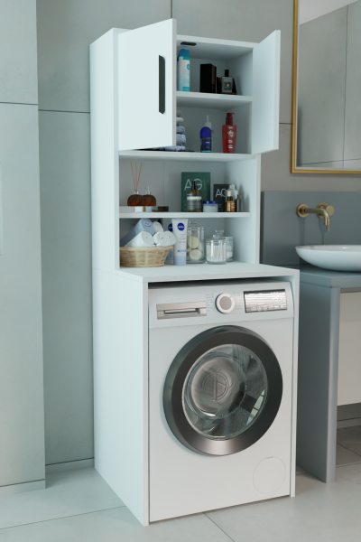 Çamaşır Makinesi Üstü Çok Amaçlı Banyo Dolabı | Raflı, Kapaklı, Pratik Depolama Ünitesi Beyaz