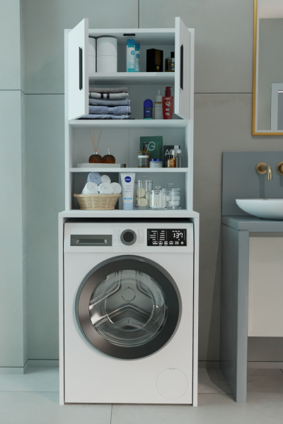 Çamaşır Makinesi Üstü Çok Amaçlı Banyo Dolabı | Raflı, Kapaklı, Pratik Depolama Ünitesi Beyaz