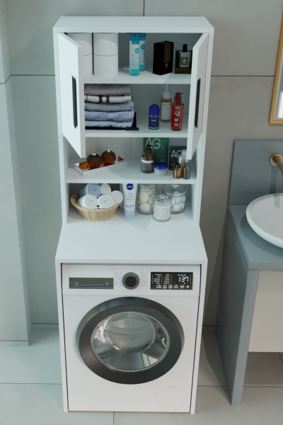 Çamaşır Makinesi Üstü Çok Amaçlı Banyo Dolabı | Raflı, Kapaklı, Pratik Depolama Ünitesi Beyaz