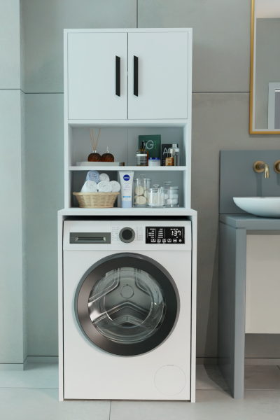 Çamaşır Makinesi Üstü Çok Amaçlı Banyo Dolabı | Raflı, Kapaklı, Pratik Depolama Ünitesi Beyaz