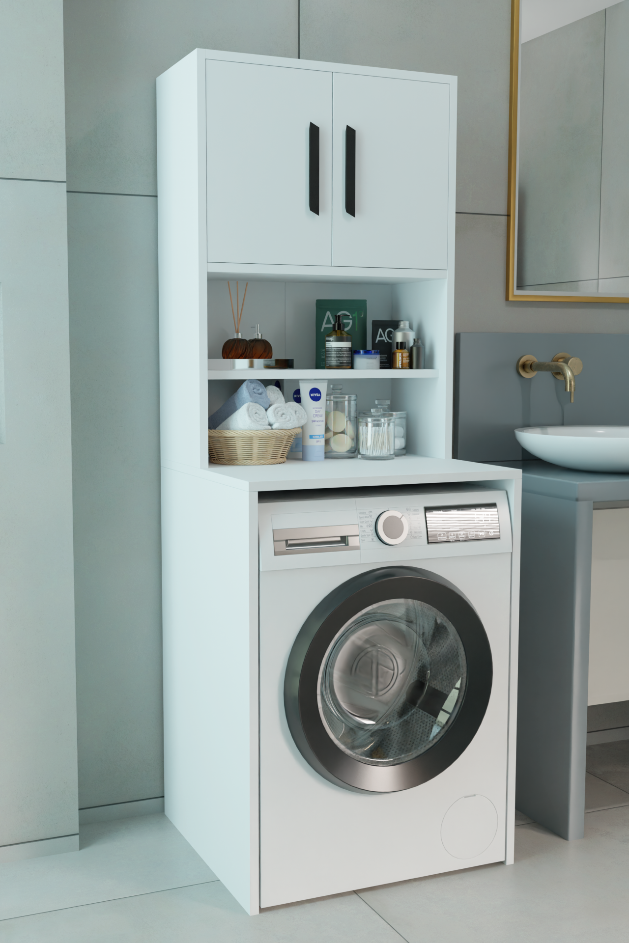 Çamaşır Makinesi Üstü Çok Amaçlı Banyo Dolabı | Raflı, Kapaklı, Pratik Depolama Ünitesi Beyaz