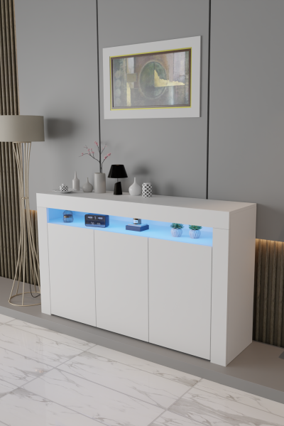 Led Aydınlatmalı Modern Konsol Dolap | Mat Beyaz Renk | Kapaklı ve Raflı Geniş Depolama Alanı