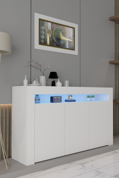 Led Aydınlatmalı Modern Konsol Dolap | Mat Beyaz Renk | Kapaklı ve Raflı Geniş Depolama Alanı