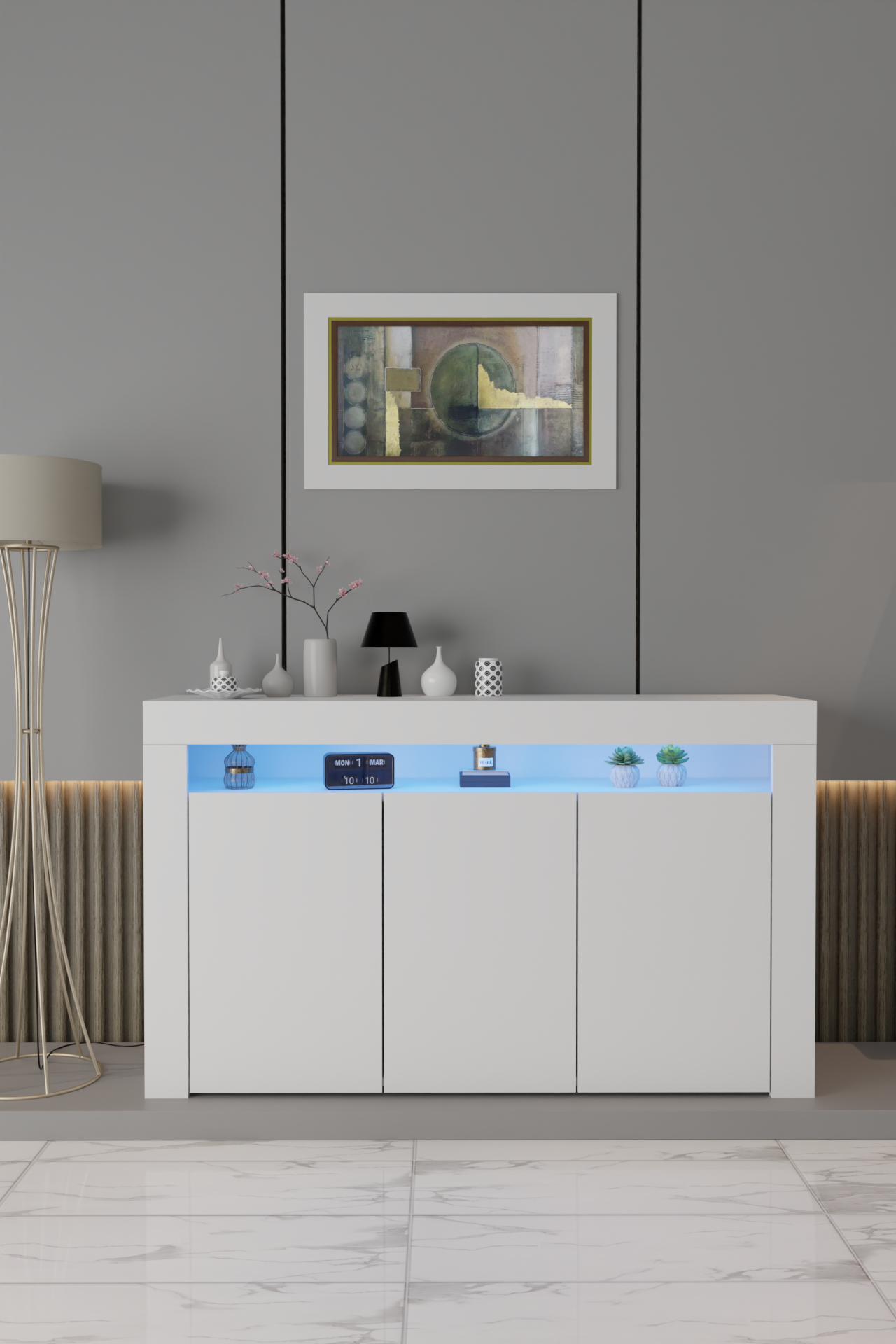 Led Aydınlatmalı Modern Konsol Dolap | Mat Beyaz Renk | Kapaklı ve Raflı Geniş Depolama Alanı