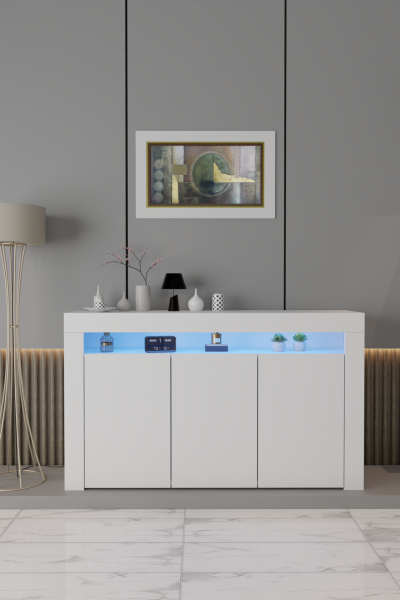 Led Aydınlatmalı Modern Konsol Dolap | Mat Beyaz Renk | Kapaklı ve Raflı Geniş Depolama Alanı