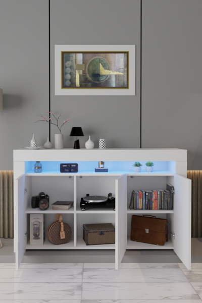 Led Aydınlatmalı Modern Konsol Dolap | Mat Beyaz Renk | Kapaklı ve Raflı Geniş Depolama Alanı