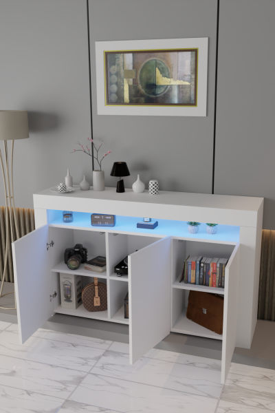 Led Aydınlatmalı Modern Konsol Dolap | Mat Beyaz Renk | Kapaklı ve Raflı Geniş Depolama Alanı