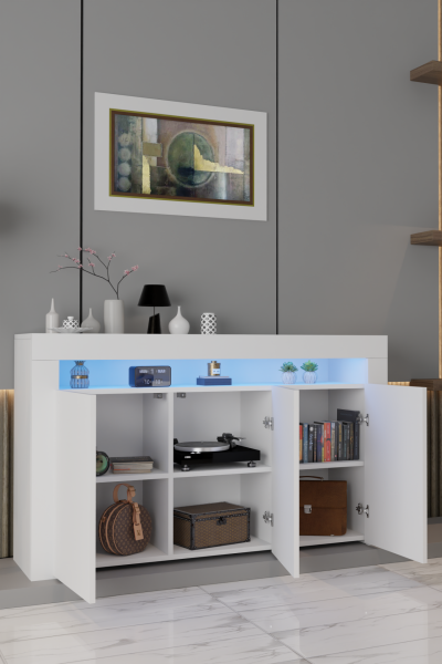 Led Aydınlatmalı Modern Konsol Dolap | Mat Beyaz Renk | Kapaklı ve Raflı Geniş Depolama Alanı