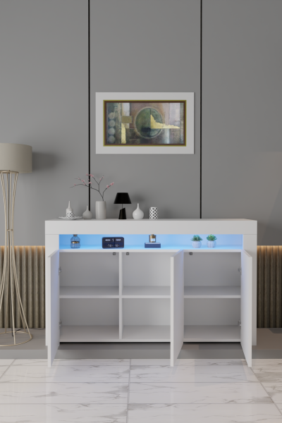 Led Aydınlatmalı Modern Konsol Dolap | Mat Beyaz Renk | Kapaklı ve Raflı Geniş Depolama Alanı