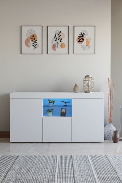 Şık ve Fonksiyonel Ledli Konsol | Beyaz Mat Tasarım | Cam Raflı Çok Amaçlı Depolama Dolabı