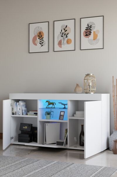 Şık ve Fonksiyonel Ledli Konsol | Beyaz Mat Tasarım | Cam Raflı Çok Amaçlı Depolama Dolabı