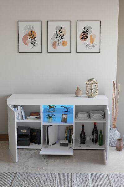 Şık ve Fonksiyonel Ledli Konsol | Beyaz Mat Tasarım | Cam Raflı Çok Amaçlı Depolama Dolabı