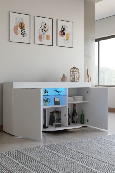 Şık ve Fonksiyonel Ledli Konsol | Beyaz Mat Tasarım | Cam Raflı Çok Amaçlı Depolama Dolabı