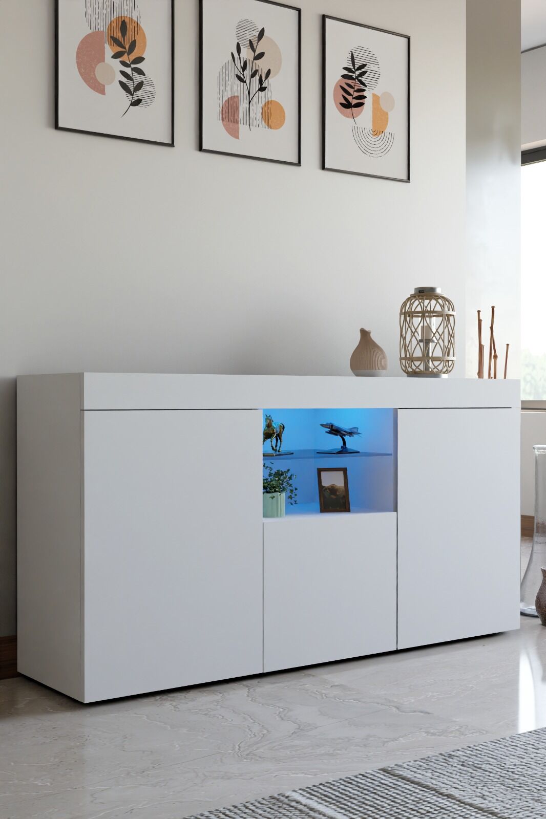 Şık ve Fonksiyonel Ledli Konsol | Beyaz Mat Tasarım | Cam Raflı Çok Amaçlı Depolama Dolabı