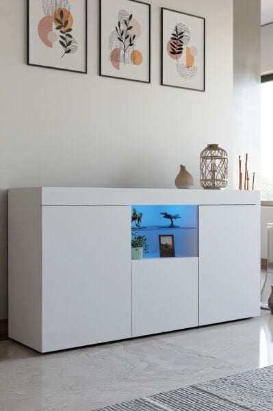 Şık ve Fonksiyonel Ledli Konsol | Beyaz Mat Tasarım | Cam Raflı Çok Amaçlı Depolama Dolabı