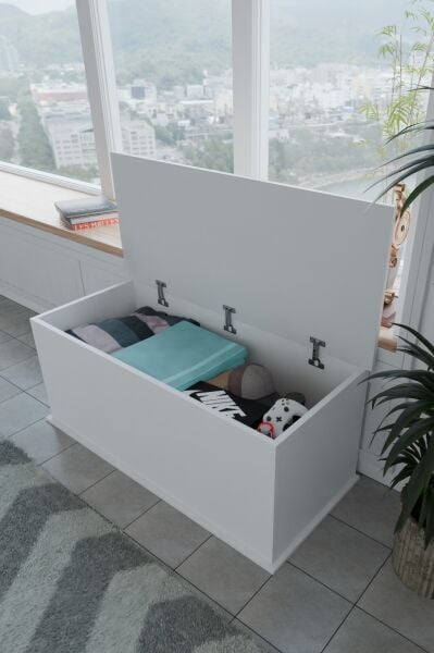 Pratik ve Şık Kapaklı Sandık | Geniş İç Hacimli Çok Amaçlı Depolama Kutusu |Salon, Çocuk Odası ve Yatak Odası İçin Modern Tasarımlı Kapaklı Sandık 100cm Beyaz