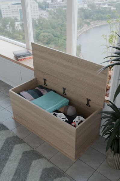 Pratik ve Şık Kapaklı Sandık | Geniş İç Hacimli Çok Amaçlı Depolama Kutusu |Salon, Çocuk Odası ve Yatak Odası İçin Modern Tasarımlı Kapaklı Sandık 100 cm Sonomo