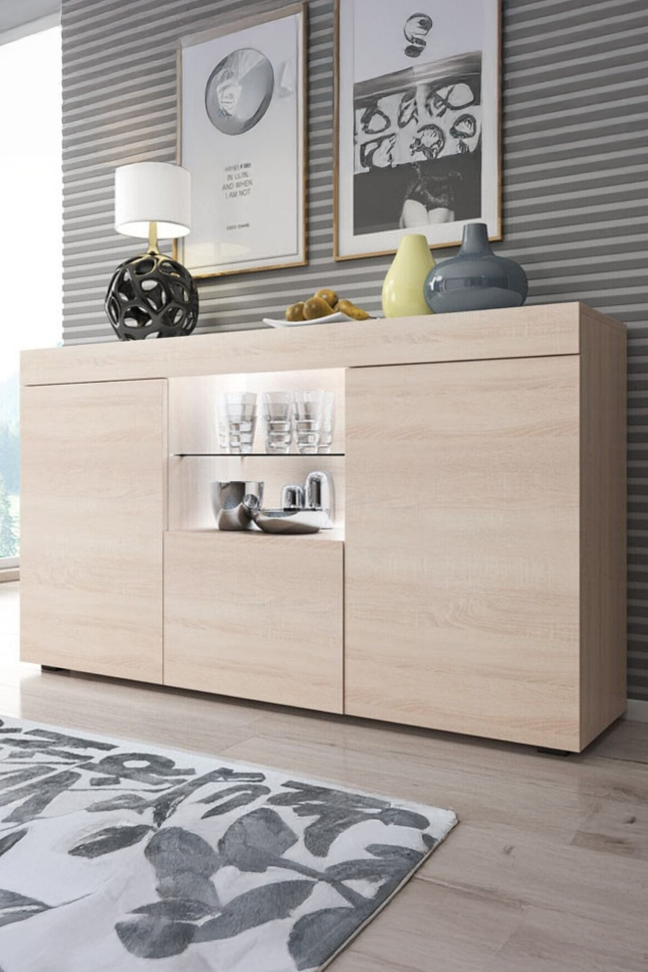 Led Aydınlatmalı Modern Konsol | Cam Raflı Şık Tasarım | Salon ve Yemek Odası İçin Çok Gözlü Depolama Büfesi Sonomo