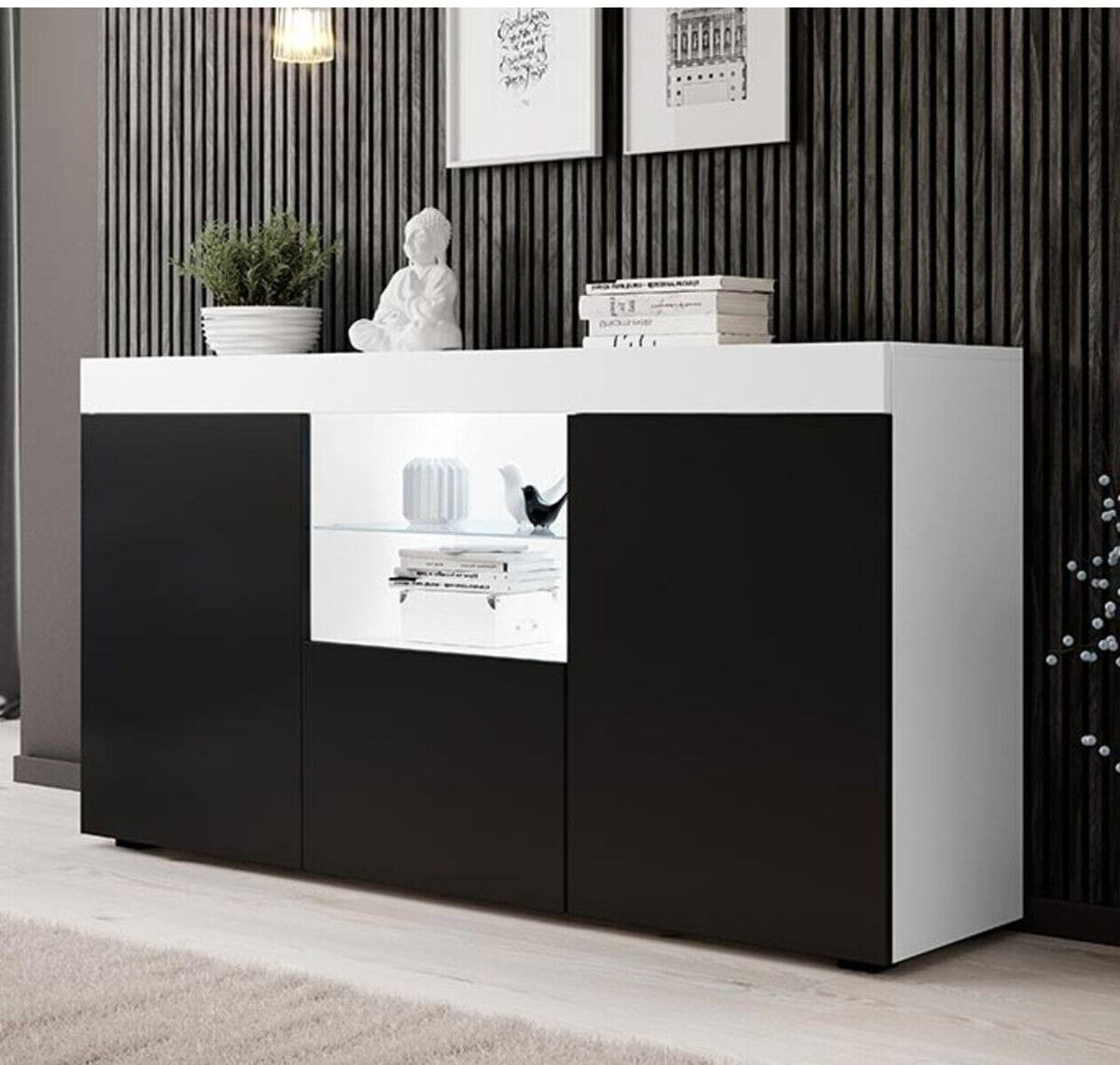 Led Aydınlatmalı Modern Konsol | Cam Raflı Kapaklı Şık Tasarım | Salon ve Yemek Odası İçin Dekoratif Depolama Dolabı s