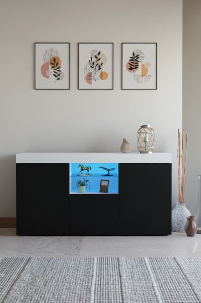 Led Aydınlatmalı Modern Konsol | Cam Raflı Kapaklı Şık Tasarım | Salon ve Yemek Odası İçin Dekoratif Depolama Dolabı s