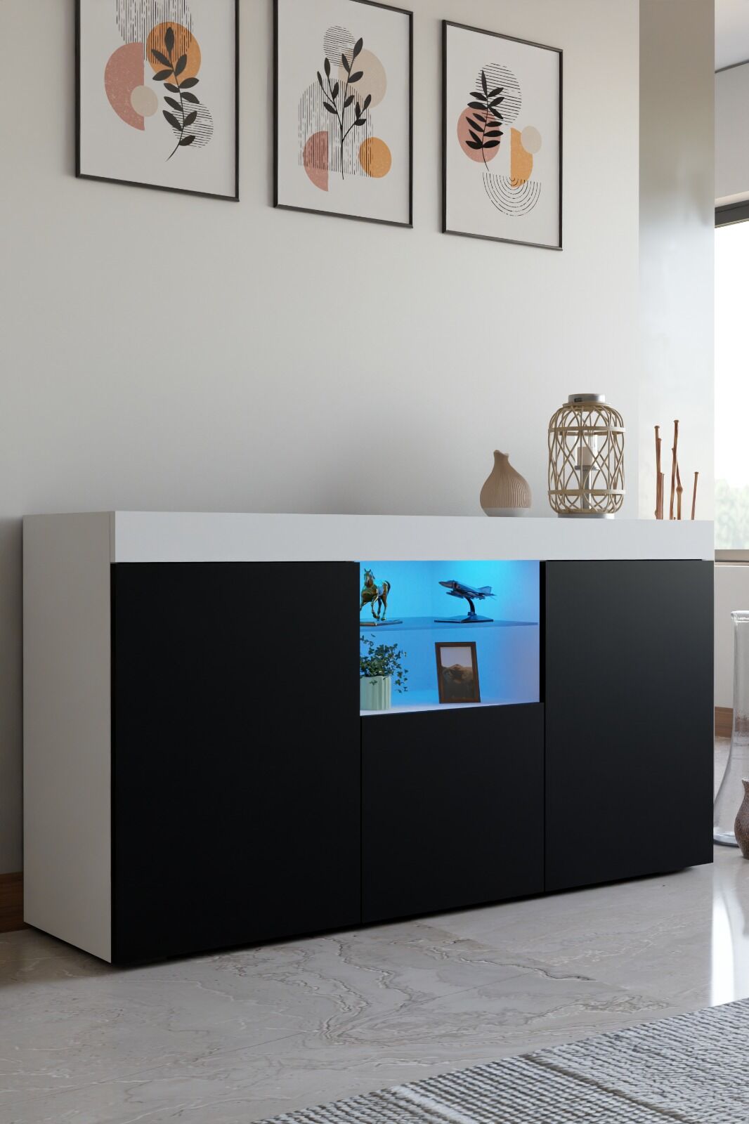 Led Aydınlatmalı Modern Konsol | Cam Raflı Kapaklı Şık Tasarım | Salon ve Yemek Odası İçin Dekoratif Depolama Dolabı s