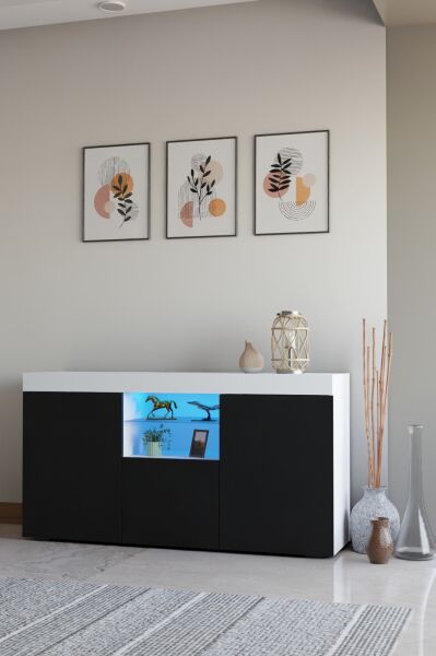 Led Aydınlatmalı Modern Konsol | Cam Raflı Kapaklı Şık Tasarım | Salon ve Yemek Odası İçin Dekoratif Depolama Dolabı s