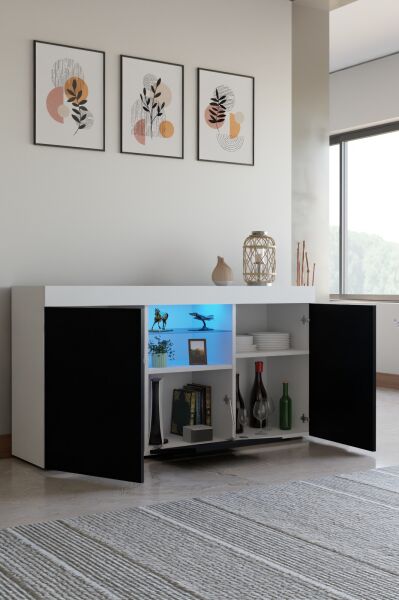 Led Aydınlatmalı Modern Konsol | Cam Raflı Kapaklı Şık Tasarım | Salon ve Yemek Odası İçin Dekoratif Depolama Dolabı s