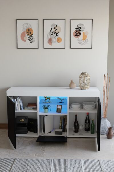 Led Aydınlatmalı Modern Konsol | Cam Raflı Kapaklı Şık Tasarım | Salon ve Yemek Odası İçin Dekoratif Depolama Dolabı s