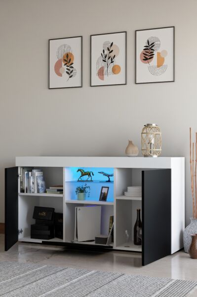 Led Aydınlatmalı Modern Konsol | Cam Raflı Kapaklı Şık Tasarım | Salon ve Yemek Odası İçin Dekoratif Depolama Dolabı s