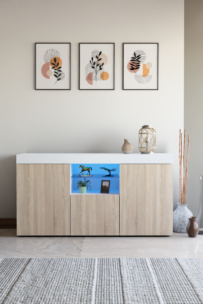 Led Aydınlatmalı Cam Raflı Modern Konsol | Kapaklı ve Açık Raflı Çok Amaçlı Şık Depolama Büfesi | Salon ve Yemek Odası Kullanımına Uygun Sonomo-Beyaz