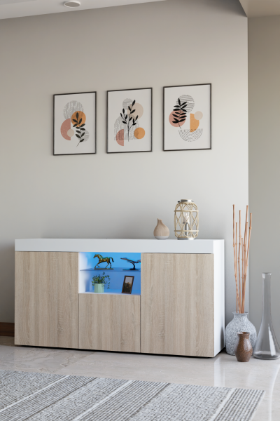 Led Aydınlatmalı Cam Raflı Modern Konsol | Kapaklı ve Açık Raflı Çok Amaçlı Şık Depolama Büfesi | Salon ve Yemek Odası Kullanımına Uygun Sonomo-Beyaz