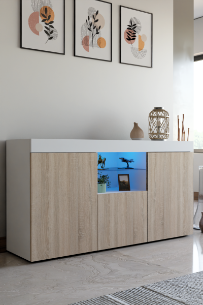 Led Aydınlatmalı Cam Raflı Modern Konsol | Kapaklı ve Açık Raflı Çok Amaçlı Şık Depolama Büfesi | Salon ve Yemek Odası Kullanımına Uygun Sonomo-Beyaz