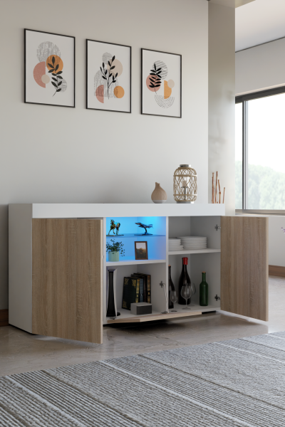 Led Aydınlatmalı Cam Raflı Modern Konsol | Kapaklı ve Açık Raflı Çok Amaçlı Şık Depolama Büfesi | Salon ve Yemek Odası Kullanımına Uygun Sonomo-Beyaz